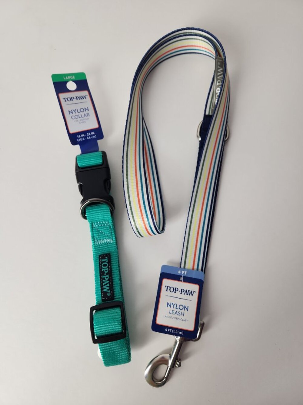 Nylon Dog Collar Large Teal Gunmetal and Rainbow Stripe Leash 4ft Top Paw New